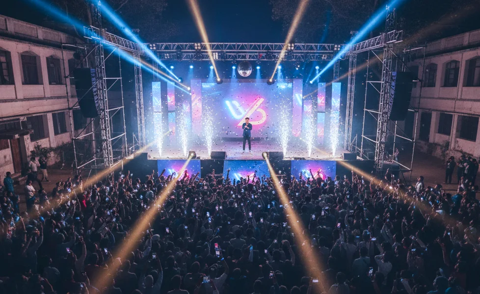 College campus live music concert stage setup