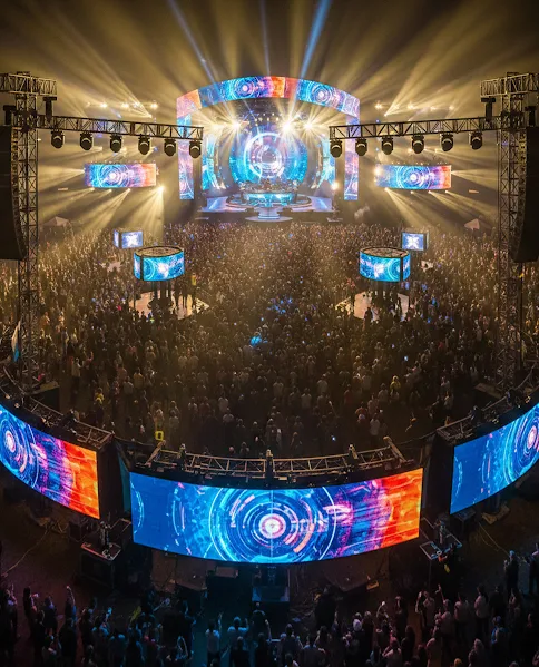 Live event concert stage with LED screens and dynamic lighting setup