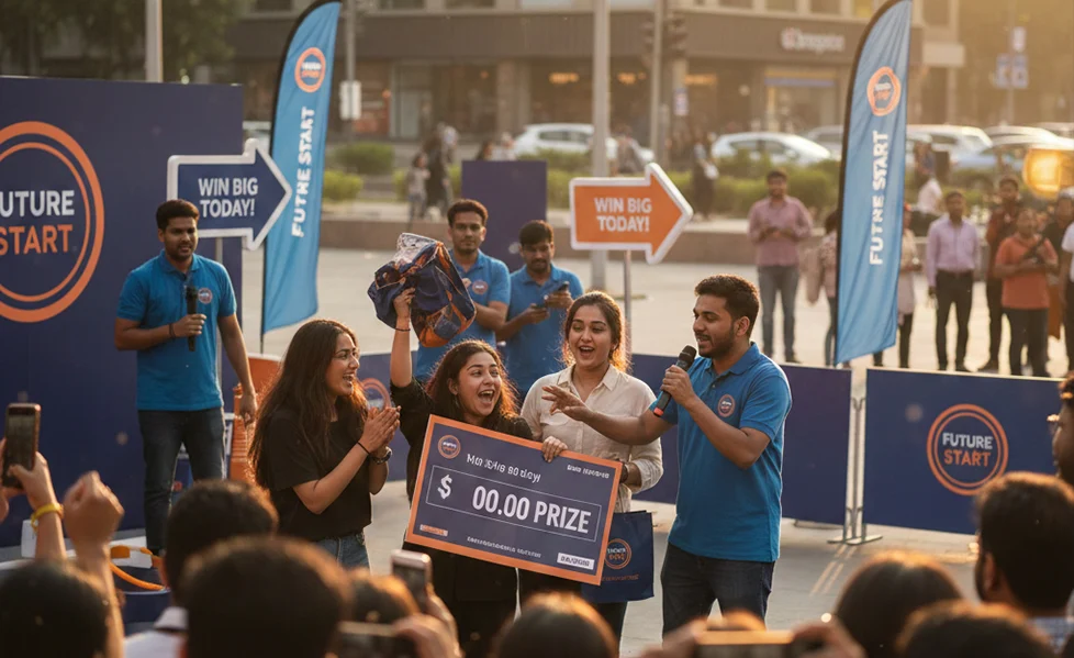 On-ground marketing for branding with promotional team interacting with customers, product display setup, live activation activity, and branded backdrop in a high-footfall public location.
