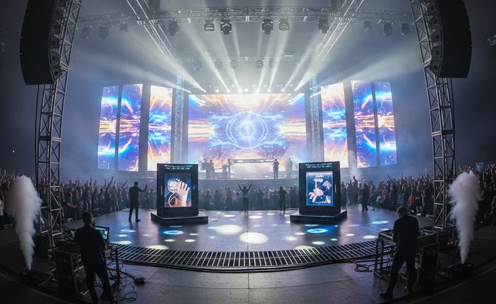 Product showcase event with LED display and stage setup